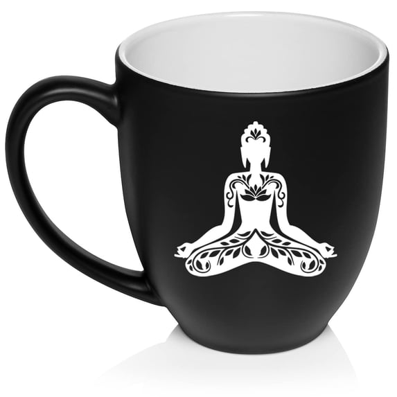 Buddha Yoga Lotus Ceramic Coffee Mug Tea Cup Gift for Her, Him, Men, Women, Sister, Wife, Husband, Girlfriend, Boyfriend, Friend, Mom, Dad, Cute, Birthday, Housewarming, Meditation (16oz Matte Black)