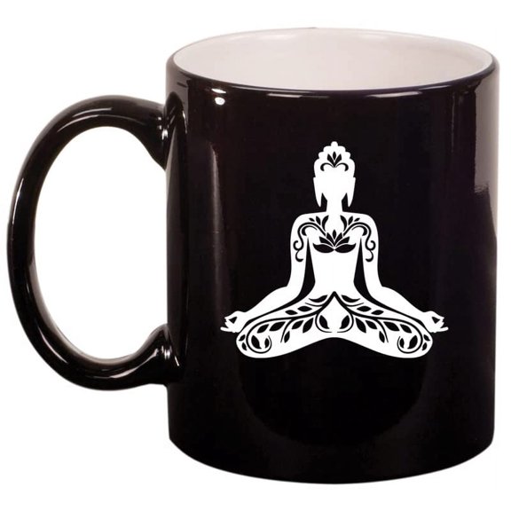 Buddha Yoga Lotus Ceramic Coffee Mug Tea Cup Gift for Her, Him, Men, Women, Sister, Wife, Husband, Girlfriend, Boyfriend, Friend, Mom, Dad, Cute, Birthday, Housewarming, Meditation (11oz Gloss Black)
