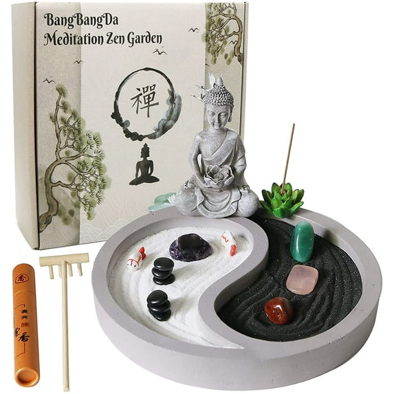 Buddha Zen Garden Dia 7.8" Mini Zen Garden Kit for Desk Yin Yang Crystal Chakra Sand Garden Adult Meditation Gift for Home Office Desktop Decor