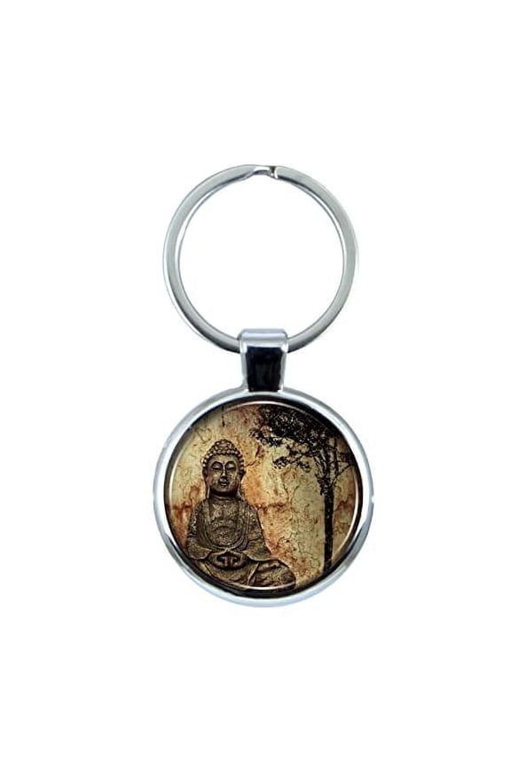 Buddha and Tree Keychain with Epoxy Dome and Metal Keyring