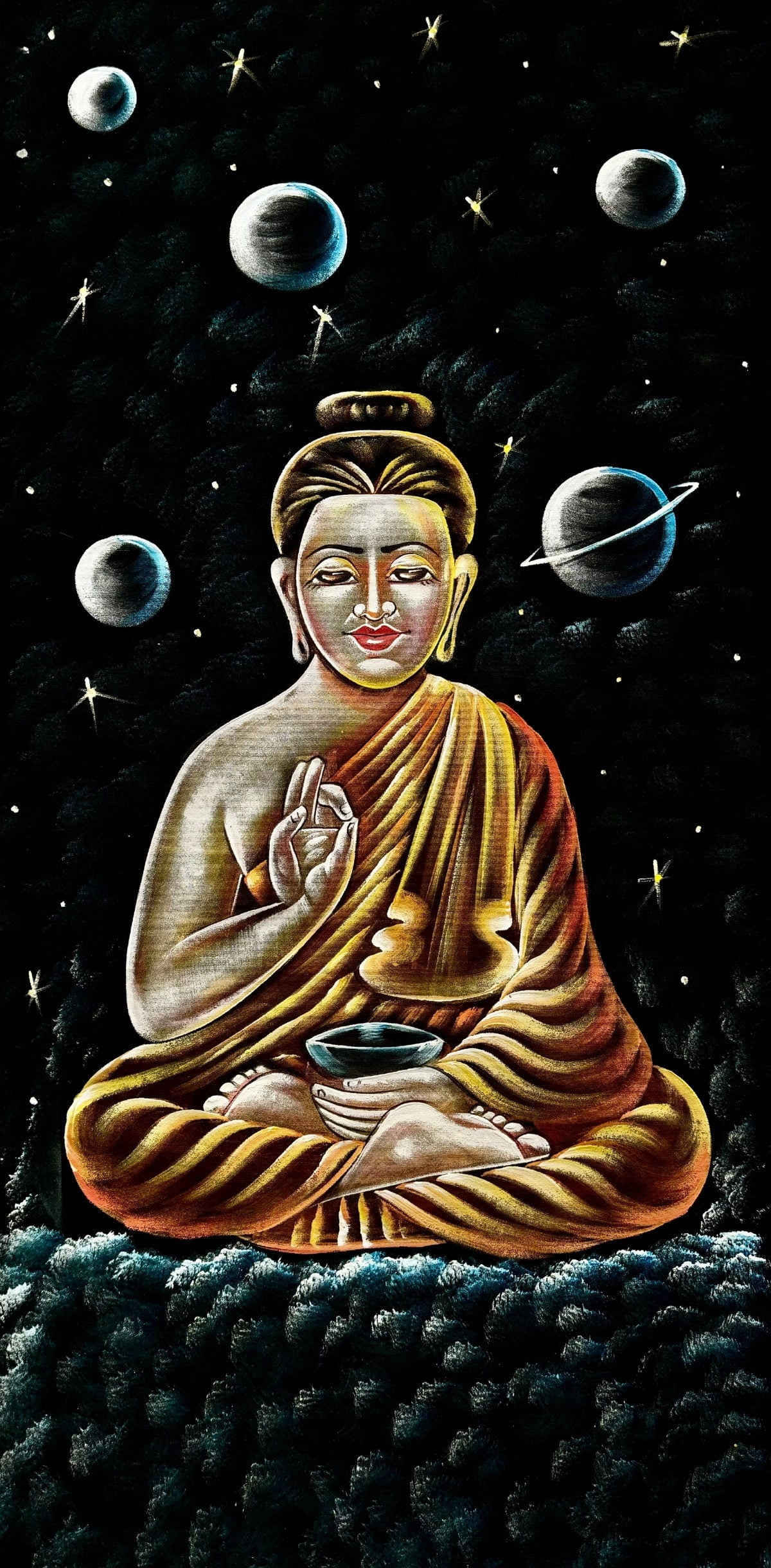 Buddha in Cosmic Meditation Handmade Velvet Painting (122x60 cm) | Fabric Painting | Big Wall Art | Home Decor