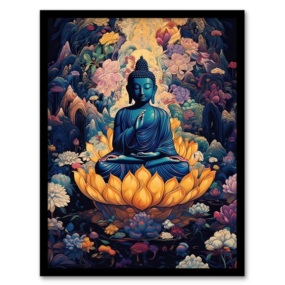 Buddha in Lotus Flower Nirvana Concept Art Blue Orange Pink Floral Psychedelic Painting Artwork Framed Wall Art Print A4