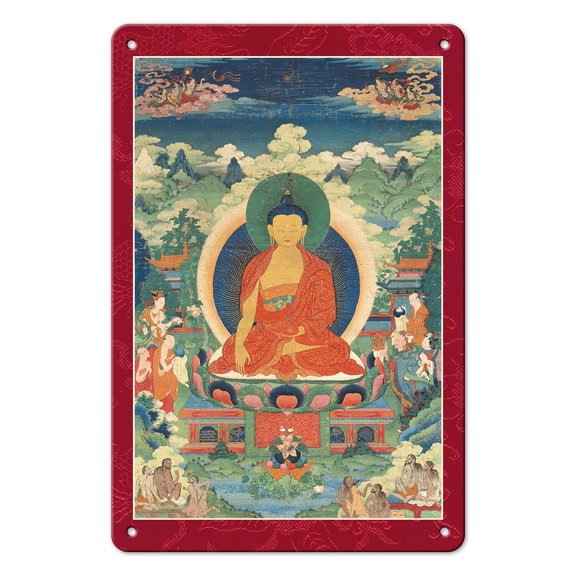 Buddha's Miracles at Shravasti - Vintage Tibetan Thangka Buddhist Painting - Tibet, 18th Century - 8 x 12 inch Vintage Metal Tin Sign