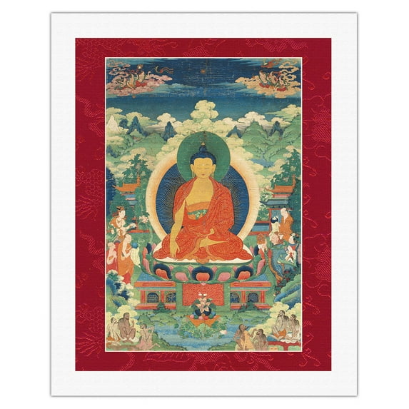 Buddha's Miracles at Shravasti - Vintage Tibetan Thangka Buddhist Painting - Tibet, 18th Century - Fine Art Rolled Canvas Print 20in x 26in