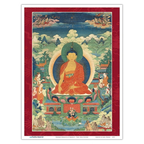 Buddha's Miracles at Shravasti - Vintage Tibetan Thangka Buddhist Painting - Tibet, 18th Century - Master Art Print (Unframed) 9in x 12in