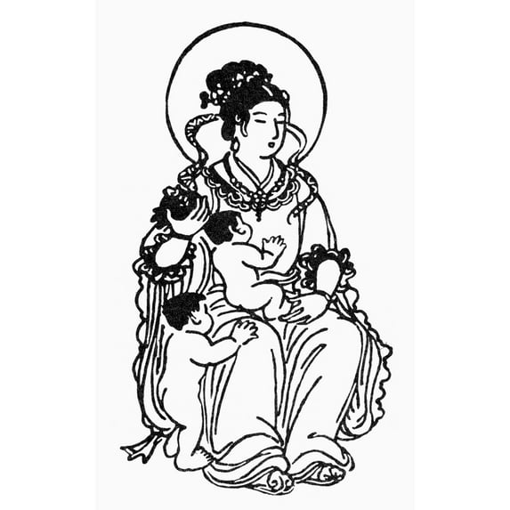 Buddhism Kishimojin. Njapanese Form Of Hariti Buddhist Goddess For The Protection Of Children. Line Engraving. Print by