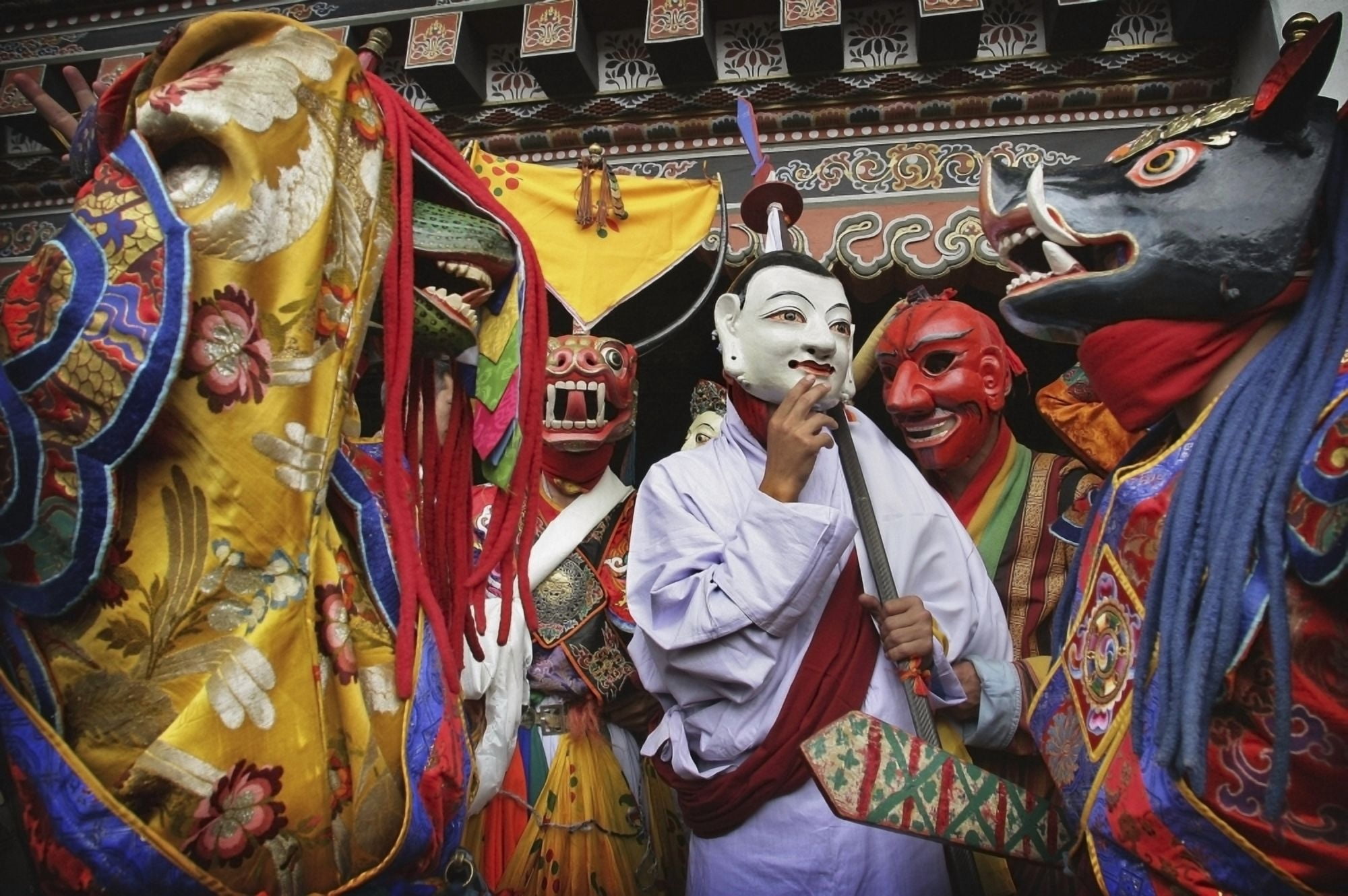 Buddhist Actors At Tashi Chhodzong During The Thimpu Festival Canvas Art - Timothy Allen Design Pics (34 x 22)