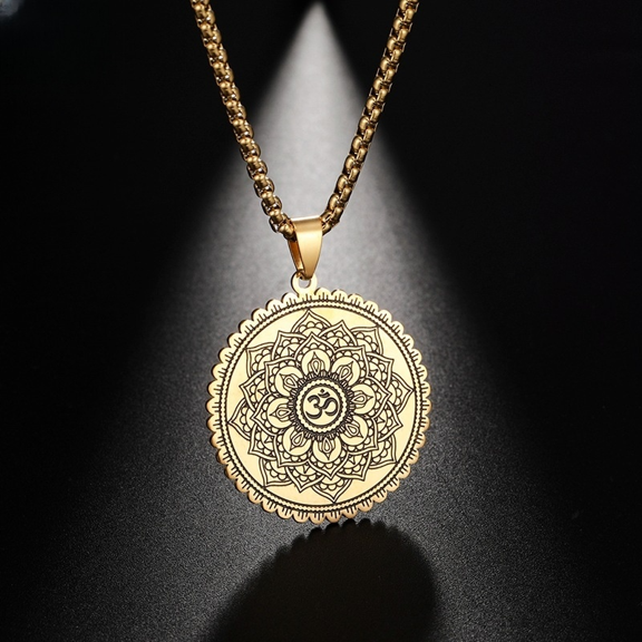 Buddhist Lotus Flower Yoga Om Symbol 14K Yellow Gold Pendant Necklace Mandala Flower of Life Necklaces Spiritual Sacred Amulet Jewelry