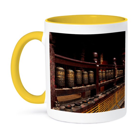 3dRose, Buddhist prayer wheels made of metal in Kathmandu Nepal, 11oz Two-Tone Yellow Mug