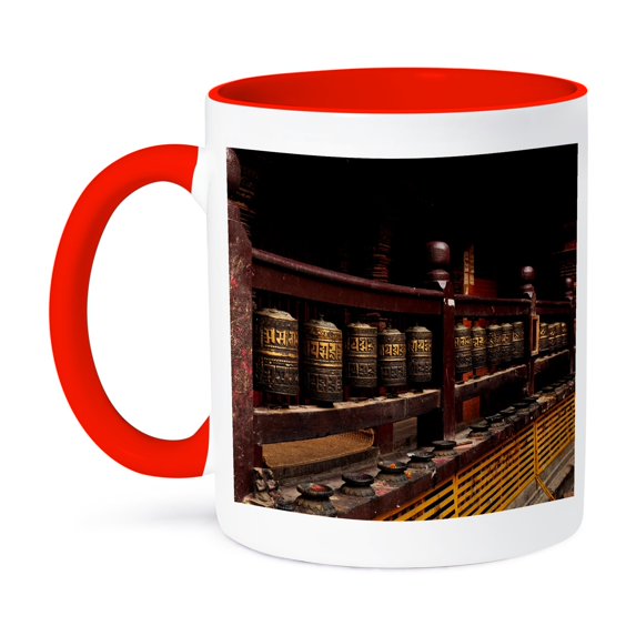 3dRose, Buddhist prayer wheels made of metal in Kathmandu Nepal, 15oz Two-Tone Red Mug