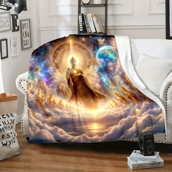 Buddhist Sacred Buddha Statue Print Flannel Throw Blanket - Soft, Reversible & Machine Washable For All Seasons - Perfect For Bed, Sofa, Camping | Available In 3 Sizes