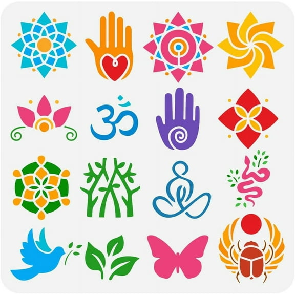 Buddhist Symbols Stencil for Painting 11.8x11.8 inch Large Geometric Patterns Drawing Template Hand Snake Doves Butterfly Stencil Animal Plant Template Symbol Theme Stencil for DIY