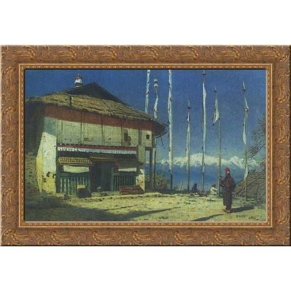 Buddhist temple in Darjeeling. Sikkim 24x18 Gold Ornate Wood Framed Canvas Art by Vasily Vereshchagin