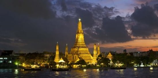 Buddhist temple lit up at dawn Wat Arun Chao Phraya River Bangkok Thailand Canvas Art - Panoramic Images (24 x 12)