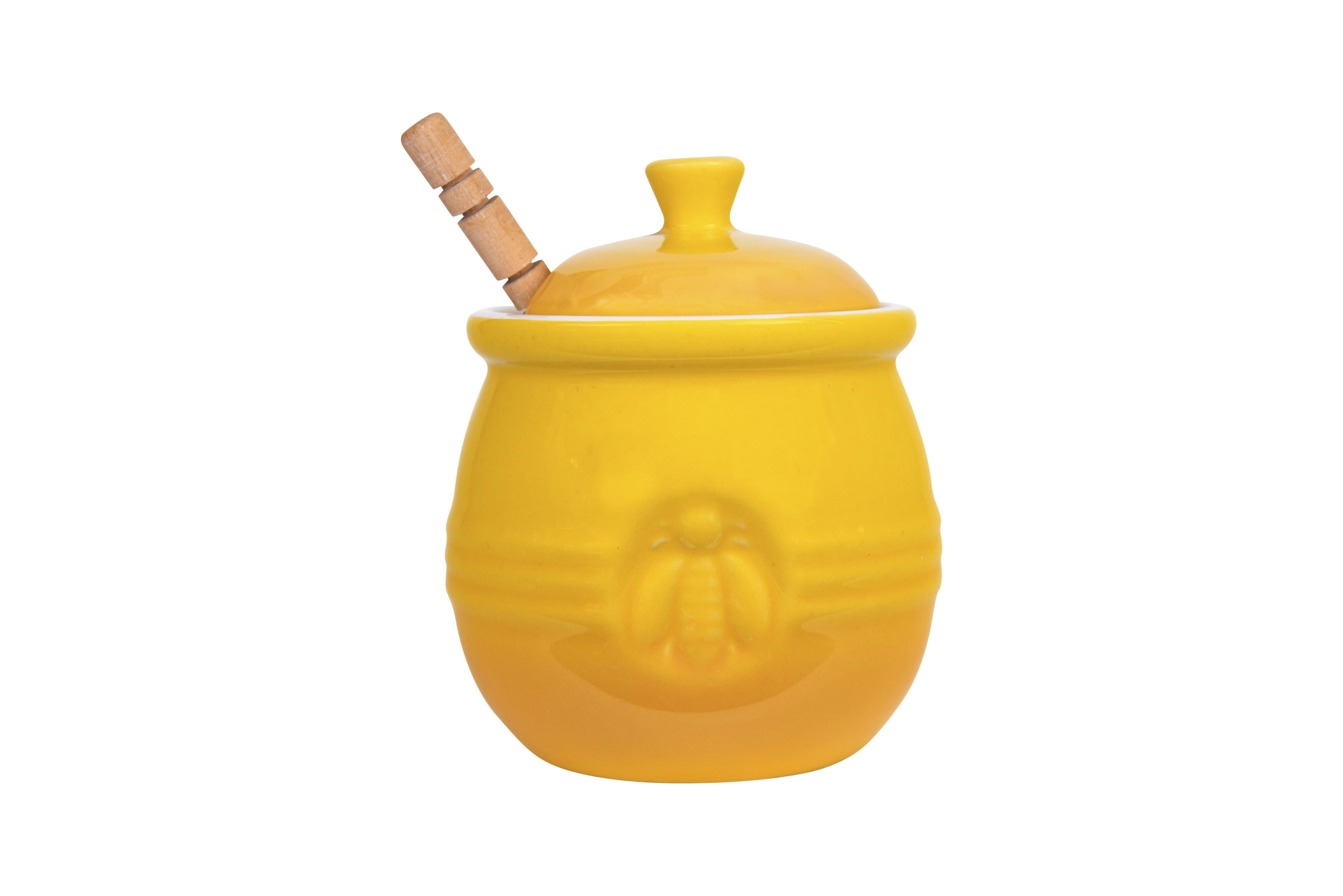 Yellow Ceramic Honey Pot with Lid and Wood Dipper