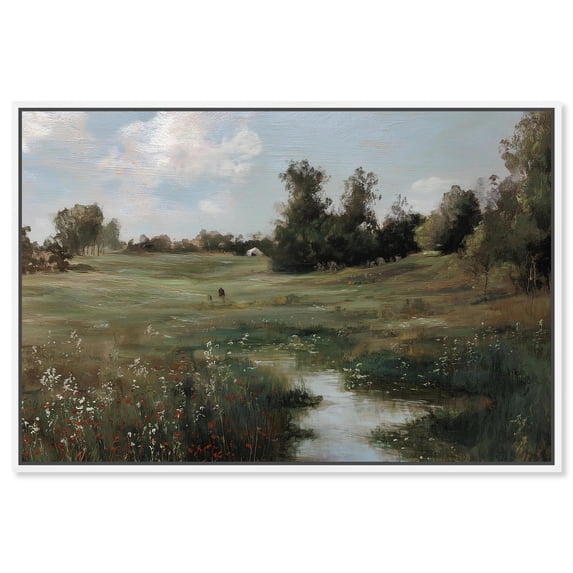 Budding Flowers in the Meadow Canvas Print Vintage Decor by Art Remedy, White Frame, 30 x 20