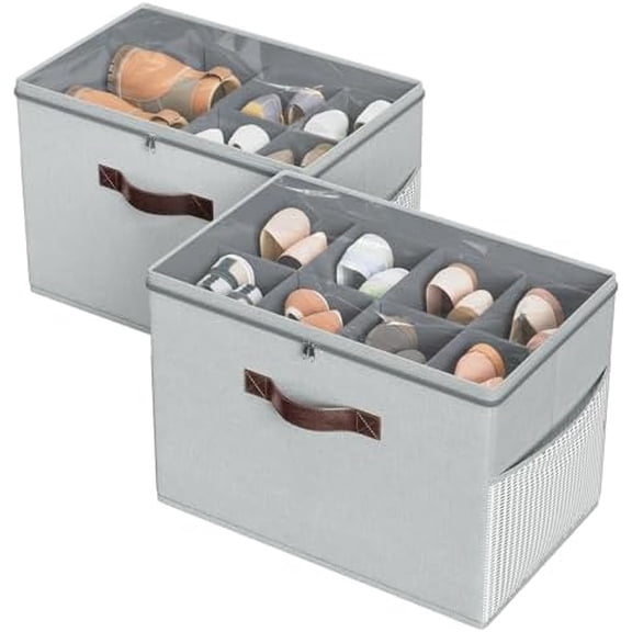 Budding Joy 2 Pack Shoe Organizer for Closet, Clear Foldable Shoe Storage Containers Adjustable Dividers Fits 16 Pairs,Shoe Storage Bins Baskets Boxes with Reinforced Handles Light grey