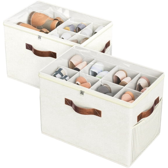 Budding Joy 2 Pack Shoe Organizer for Closet, Clear Foldable Storage Containers Adjustable Dividers Fits 16 Pairs,Shoe Bins Baskets Boxes with Reinforced Handles Beige