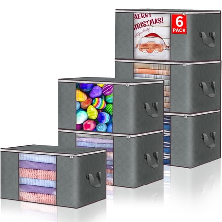 Budding Joy 6 Pack Clothes Storage, Foldable Large Storage Bags, Storage Containers for Clothing, Blanket, Comforter, Toys, Pillows, Clothes Organizers and Storage with Lids and Handle, Grey