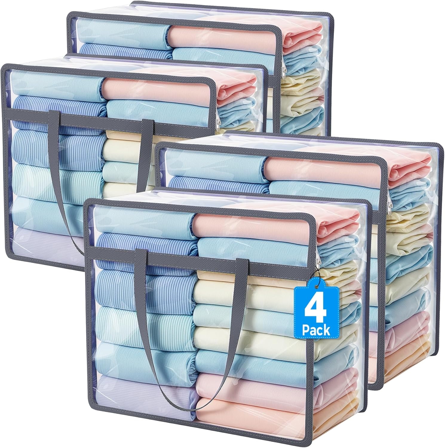 Grey 40L Clear Zippered Storage Bags 4 Pack, Vinyl Closet Organizers ...