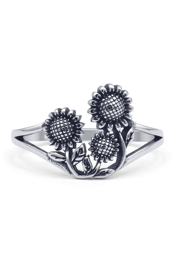 Budding Sunflower Split Shank Oxidized Ring 925 Sterling Silver Size 5