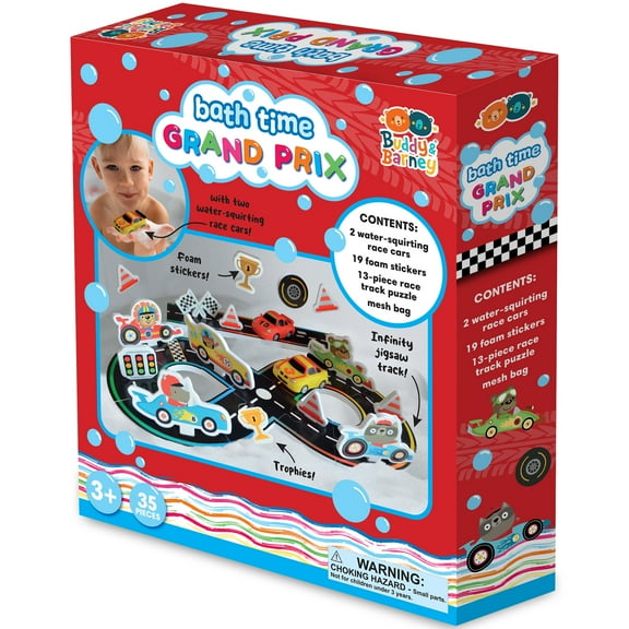 Buddy & Barney: Bath Time Grand Prix - Build A Floating Racetrack, 2 Water-Squirting Race Cars, Foam Stickers & Track Puzzle, Interactive Toy, Kids 3+