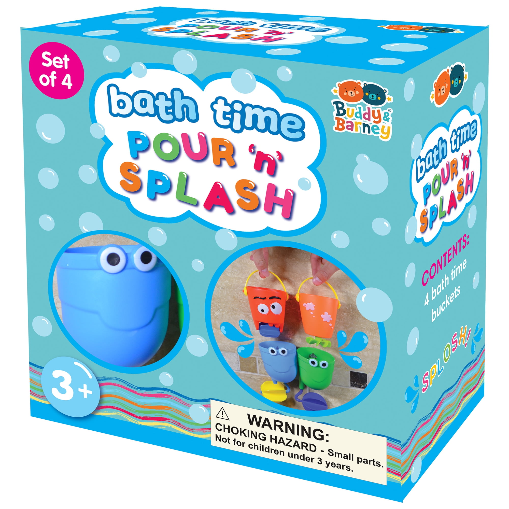 Buddy & Barney: Bath Time - Pour 'n Splash - 4 Colorful Character Water Bucket Toys, Pour-Tip-Spin, Interactive Sensory Exploration Tub Play, Kids 3+