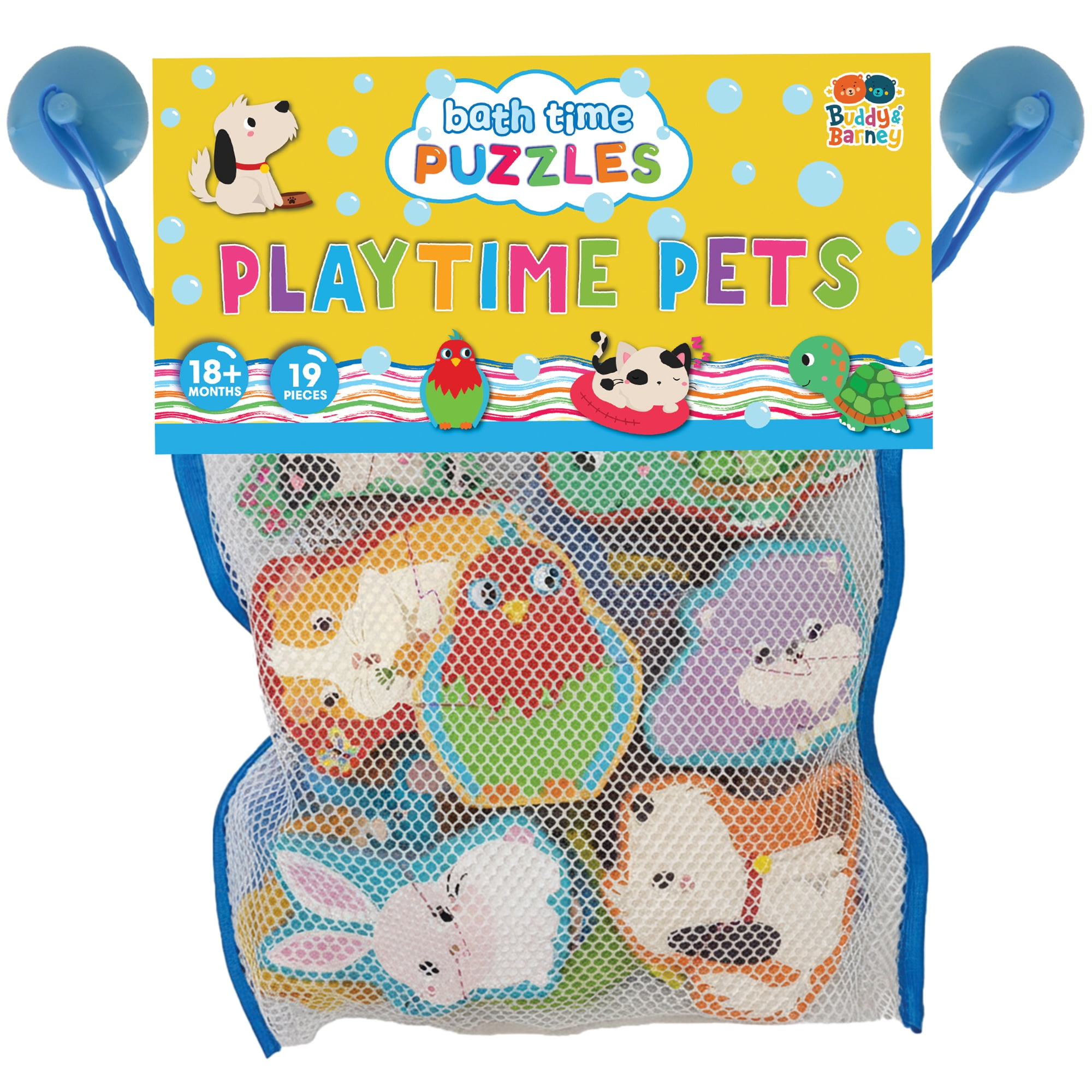 Buddy & Barney: Bath Time Puzzles - Playtime Pets - 9 Mini 2pc Puzzles, Reusable Chunky Foam Pieces, Mesh Storage, Water & Tub Toy, Kid-Toddler 18Mo+