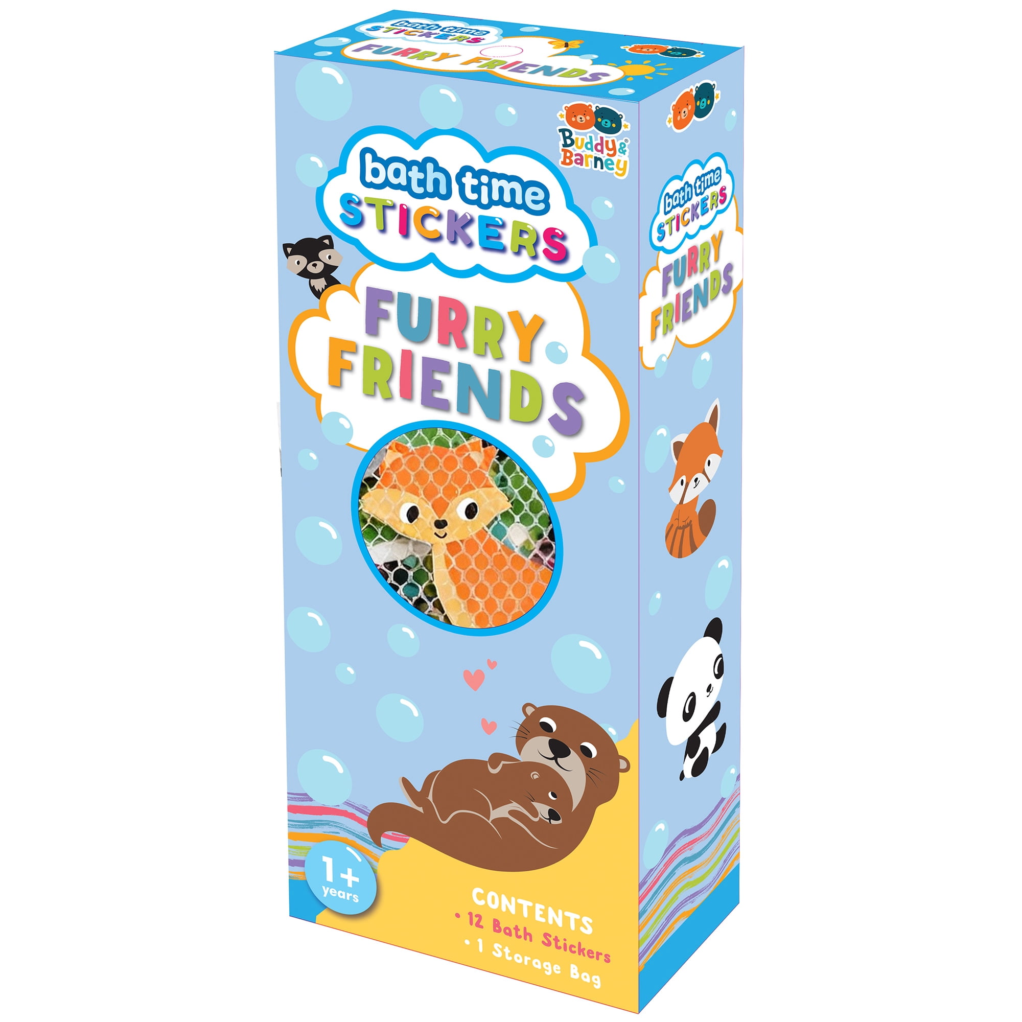 Buddy & Barney: Bath Time Stickers - Furry Friends - 12 Reusable Chunky Foam Pieces, Land & Water Animals, Mesh Storage, Water Tub Toy, Kid-Toddler 1+