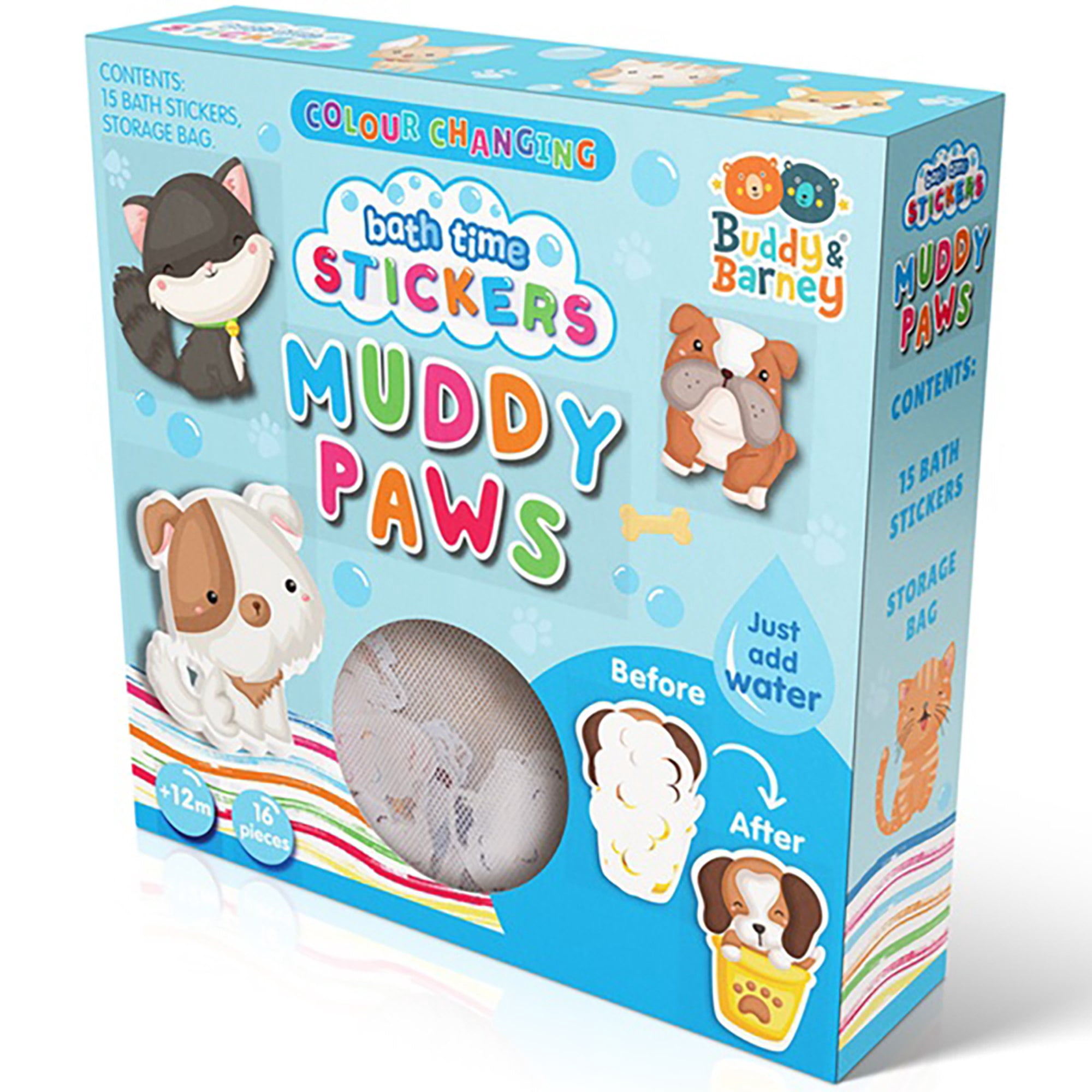 Buddy & Barney: Bath Time Stickers - Muddy Paws - 15 Color-Changing Foam Pieces, Dog & Cat Characters, Suction Cup Mesh Bag, Water Play Toy, Kids 3+