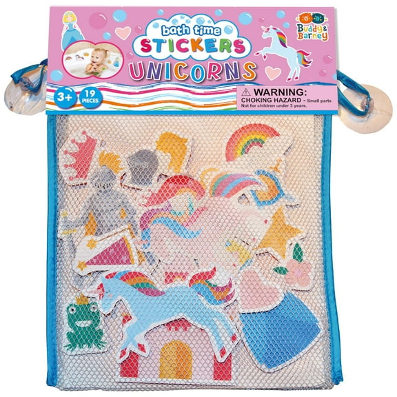 Buddy & Barney: Bath Time Stickers - Unicorns - 18 Foam Fantasy-Princess-Castle Pieces, Suction Cup Mesh Storage Bag, Water & Tub Play Toy, Kids 3+