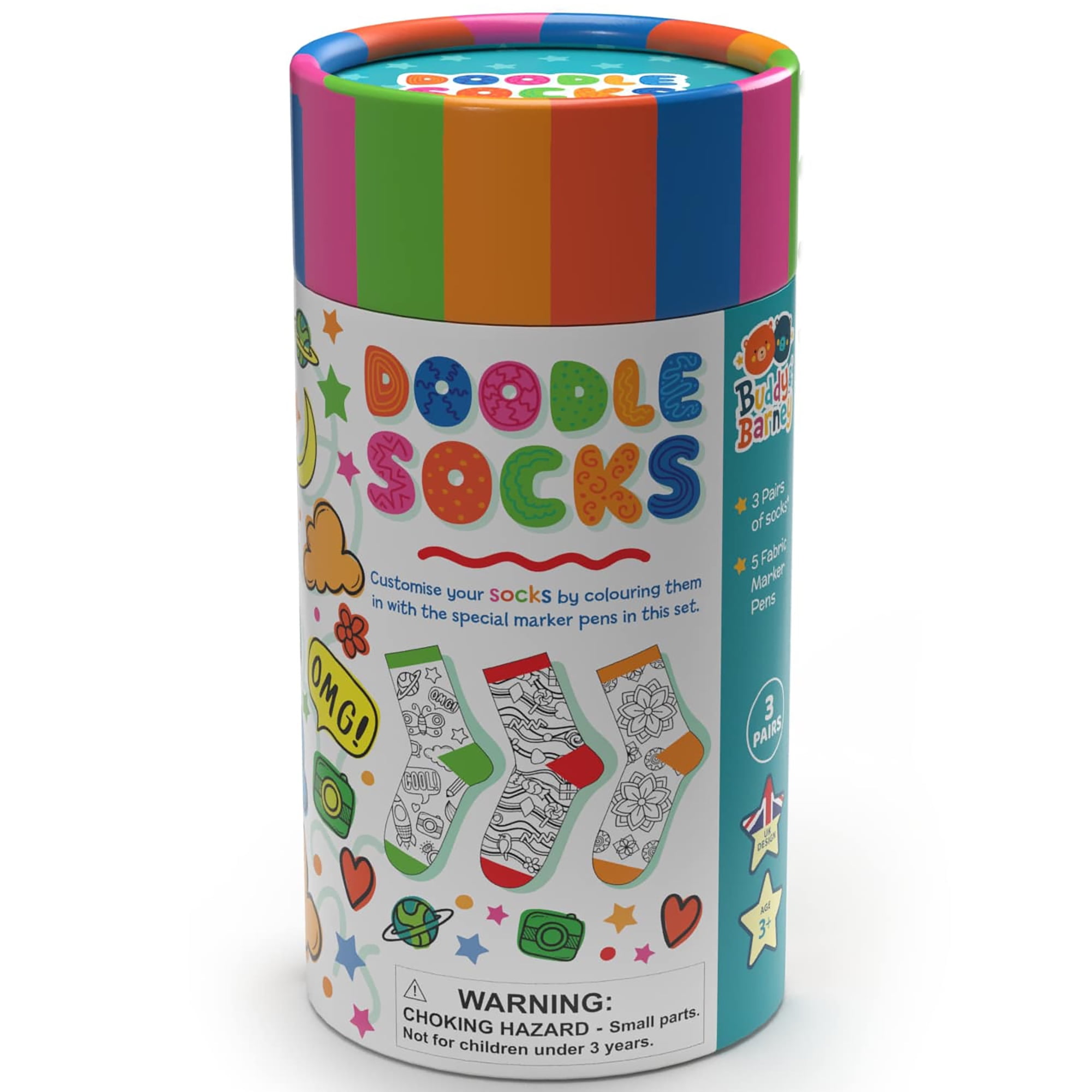Buddy & Barney: Doodle Socks - DIY Color Your Own Socks Craft Set, Customize 3 Pairs w/ 5 Fabric Markers, Fun Designs & Colors, Art Activity, Kids 3+