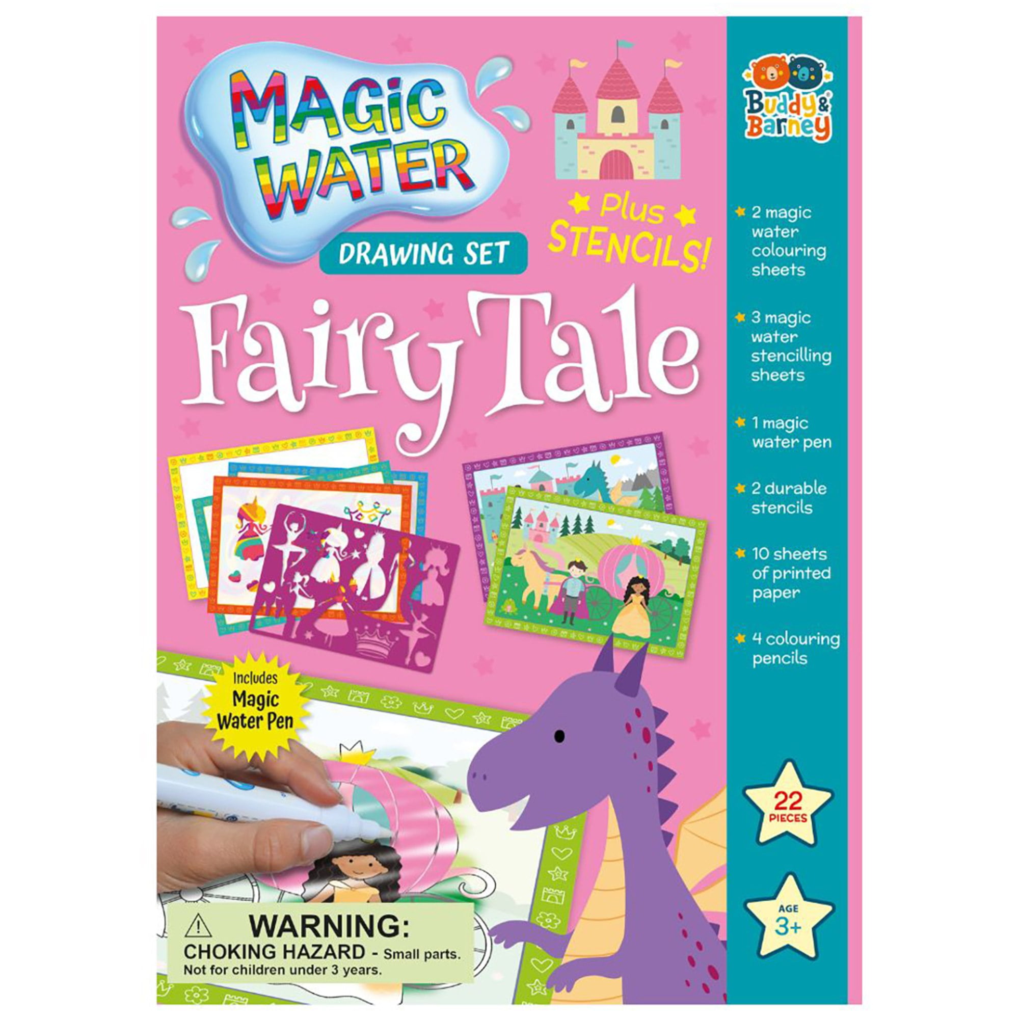 Buddy & Barney: Magic Water Drawing Set - Fairy Tale - Stencils-Magic Pen-Colored Pencils, Art Paper Sheets, Princess-Fantasy Themed Activity, Kids 3+