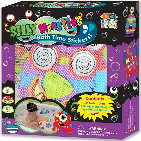 Buddy & Barney: Silly Monsters Bath Time Stickers - 30 Reusable Foam Stickers & Mesh Storage Bag, Mix & Match, Tub & Water Toy, Toddlers & Kids Age 3+