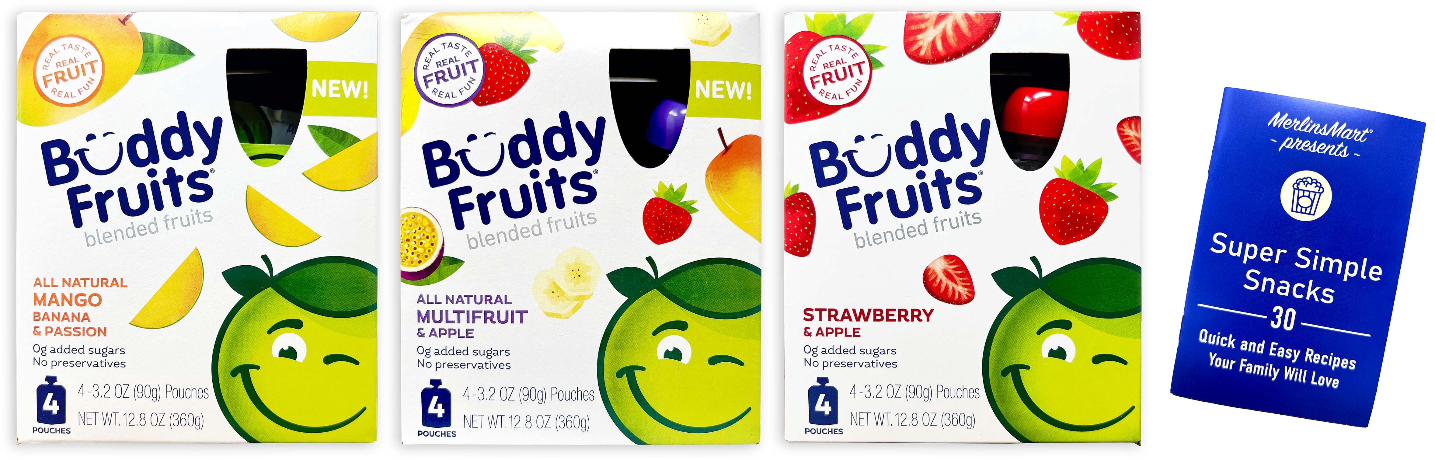 Buddy Fruits Blended Fruit Pouches - 3 Flavors - 1  Each: Mango Banana, Strawberry Apple, Multifruit and Apple (12.8 oz) + MerlinsMart Zine