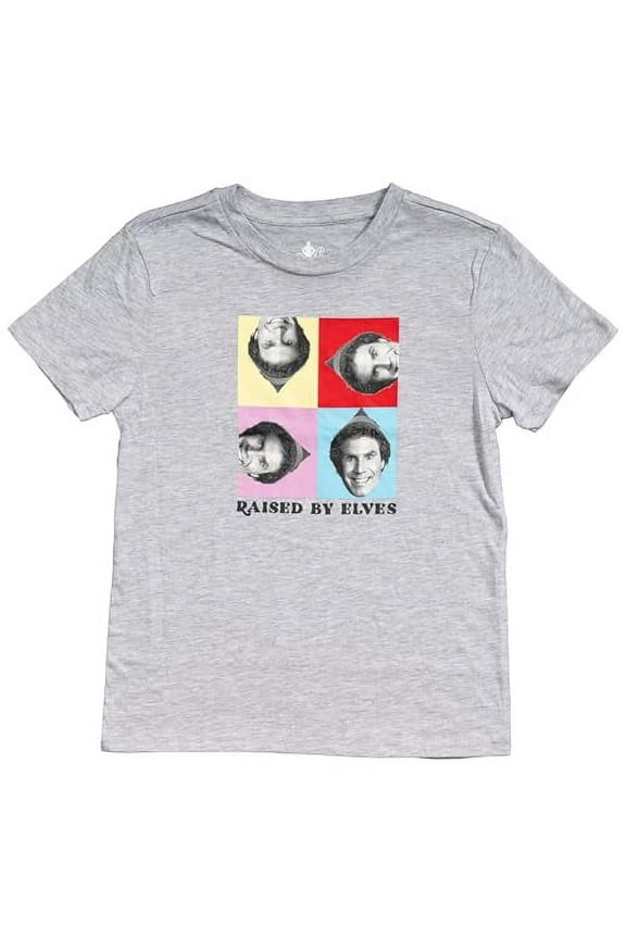 Buddy The Elf Christmas Movie Raised by Elves Heather Grey Squares Juniors T-Shirt Tee (US, Alpha, Large, Regular, Regular, Gray)
