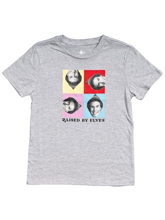Buddy The Elf Christmas Movie Raised by Elves Heather Grey Squares Juniors T-Shirt Tee (US, Alpha, Large, Regular, Regular, Gray)