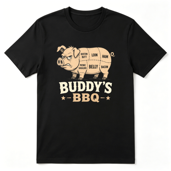Buddy's BBQ Pig Cut Chart Cool Graphic Tee For Men, Grill Master Tailgate Cotton Short Sleeves T-Shirt