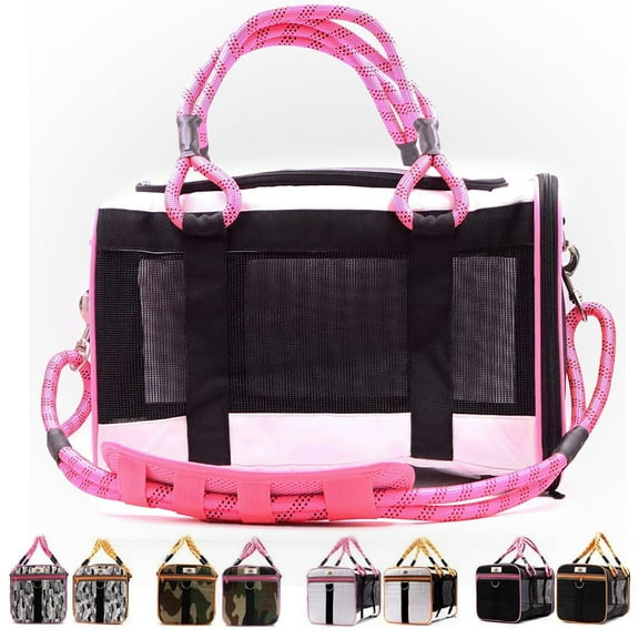 Buddy's Best Airline Approved Pet Carrier  White & Pink Heavy Duty, Fits Under Seat, TSA Compliant, Ventilated Mesh Design w/Waterproof Base & Reflective Safety Strips