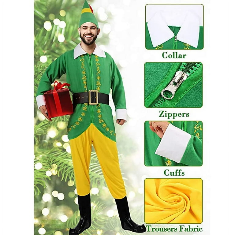 Buddy the Elf Costume Christmas Elf Outfit with Elf Shoes Hats Coat Belt and Leggings for Men