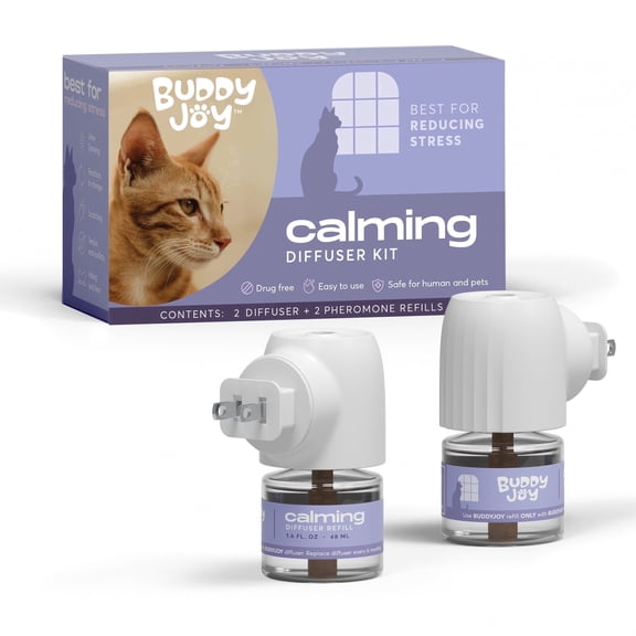BuddyJoy Cat Calming Diffuser Refills  Long-Lasting 30-Day Formula, Cat Pheromones Calming Diffuser for Stress Relief, Relaxation, and Anxiety Reduction, Easy to Use  (2 Diffusers + 2 Refills)