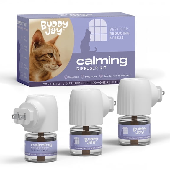 BuddyJoy Cat Calming Diffuser Refills Long-Lasting 30-Day Formula, Cat Pheromones Calming Diffuser for Stress Relief, Relaxation, and Anxiety Reduction, Easy to Use (2 Diffusers + 2 Refills)
