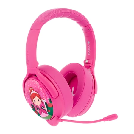 BuddyPhones Cosmos+, Over-Ear Bluetooth Wireless Noise Cancelling Kids Headphones with Detachable Boom Mic, 3 Volume Limiting Settings, Voice Enhance StudyMode, 24-Hrs Battery, Foldable, Rose Pink