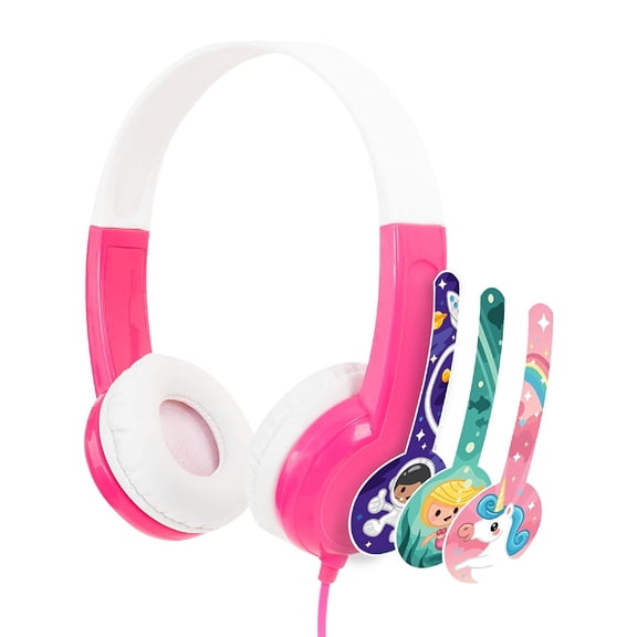 BuddyPhones Discover, On-Ear Wired 85dB Safe Volume Limiting Kids Headphones, Built-in Audio Sharing Jack, Fun Customizable Stickers, Adjustable Headband Size, Pink