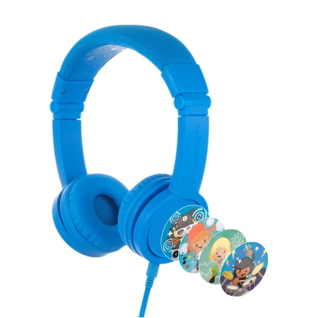 BuddyPhones Explore+, On-Ear Wired Foldable Kids Headphones with Mic, 85dB Safe Audio Volume Limit, Playback/Call Control Button, Audio Sharing Jack, Customizable Stickers, Cool Blue