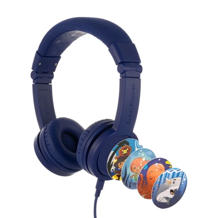 BuddyPhones Explore+, On-Ear Wired Foldable Kids Headphones with Mic, 85dB Safe Audio Volume Limit, Playback/Call Control Button, Audio Sharing Jack, Customizable Stickers, Deep Blue