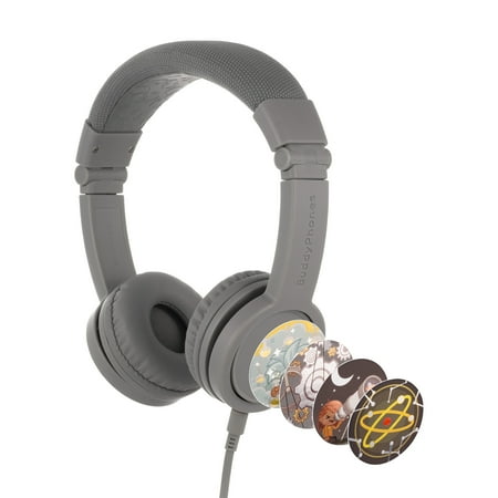 BuddyPhones Explore+, On-Ear Wired Foldable Kids Headphones with Mic, 85dB Safe Audio Volume Limit, Playback/Call Control Button, Audio Sharing Jack, Customizable Stickers, Grey Matter