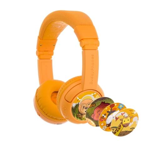 BuddyPhones Play+, On-Ear Bluetooth Wireless or Wired Foldable Kids Headphones with Mic, 3 Volume Limiting Settings, Voice Enhance StudyMode, 20-Hours Battery, Customizable Stickers, Sun Yellow