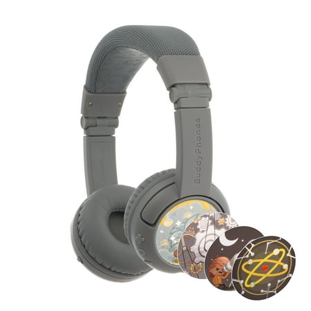 BuddyPhones Play+, On-Ear Bluetooth Wireless or Wired Foldable Kids Headphones with Mic, 3 Volume Limiting Settings, Voice Enhance StudyMode, 20-Hours Battery, Customizable Stickers, Grey Matter