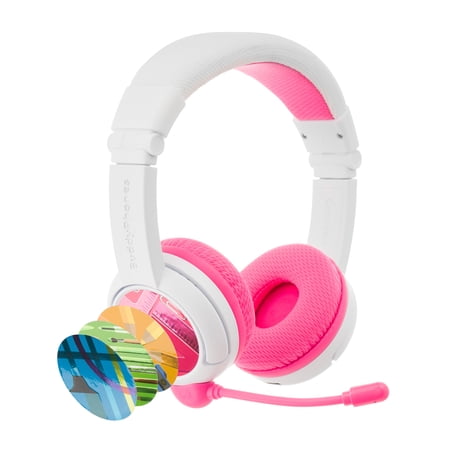 BuddyPhones School+ Wireless, On-Ear Bluetooth Foldable Kids Headphones with Detachable Boom Mic, 3 Volume Limiting Settings, Voice Enhance StudyMode, 20-Hrs Battery, Customizable Stickers, Pink